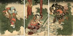 Triptych of a moonlit scene at a sacred Shintō site from the play <i>Yamatogana Heike monogatari</i> [倭仮名平家物語] - Iwai Hanshirō V (岩井半四郎) on the left as Monomi no Omatsu (物見のお松); Segawa Kikunojō V (瀬川菊之丞) in the center; Matsumoto Kōshirō V (松本幸四郎) on the right 