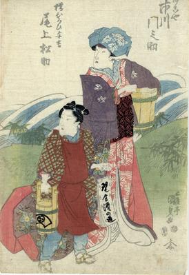 Ichikawa Monnosuke III (市川門之助) as Akoya (あこや), a mother with her son, played by Onoe Matsusuke III (尾上松助) as Hiroi Yokichi - from the play <i>Ise heishi ume no Mitegura</i> [伊勢平氏額英幣] - right hand panel