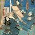 Print title: 行葉屋か - Ichikawa Kodanji IV (市川小團次) in the lower left, Ichikawa Kohanji I (市川小半次), Ichikawa Yonegorō I (市川米五郎) at the top and one other actor from a series, 当吾一代記, possibly entitled 'Tales of My Life'