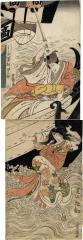 Sawamura Tanosuke II (沢村田之助) as Yorikane (頼兼) about to slay his mistress Takao (高尾) played by Onoe Matsusuke II (尾上松助) - vertical diptych