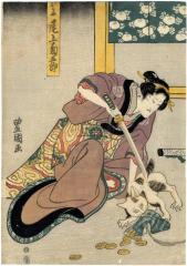 Onoe Kikugorō III (尾上菊五郎) as Okoma (おこま) menacing a cat - from the play <i>Tsuma Gasane Kanete Kikuzuki</i> (褄重噂菊月) - left panel of a diptych
