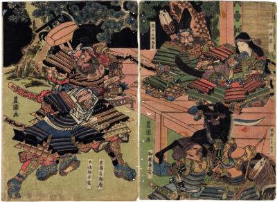 Left and central panels of a triptych of Musashibō Benkei (武蔵坊弁慶) capturing Tosabō during the night attack at Horikawa (<i>Horikawa yo uchi</i> - 堀川夜討)