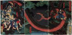 Yorimitsu tries to capture Hakamadare by destroying his magic (<i>Kijutsu o yabutte Yorimitsu Hakamadare o karamen to su</i> - 破奇術頼光袴垂為搦) 
