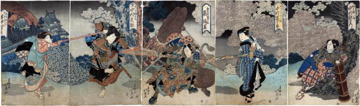 Nakamura Utaemon III (中村歌右衛門) as Komafune Hachirō (駒夫根八郎) on the far right, next is Nakamura Tomijūrō II (中村富十郎) as Komafune's wife Okane (駒舟女房おかね), Arashi Rikan II (嵐璃寛) as Awashima Kainosuke (粟島甲斐之助) in the center, Nakamura Shikan II (中村芝翫) as Amako Komawakamaru (尼子駒若丸) and Iwai Shijaku I (岩井紫若) as the packhorse driver Osaka, actually Yukari no Mae (馬方おさく実はゆかりノ前) on the far left, in <i>Keisei Nazuna No Sekku</i> (aka <i>Keisei Himehajime</i> [けいせい飛馬始]) - a <i>mitate</i>