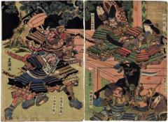 Left and central panels of a triptych of Musashibō Benkei (武蔵坊弁慶) capturing Tosabō during the night attack at Horikawa (<i>Horikawa yo uchi</i> - 堀川夜討)