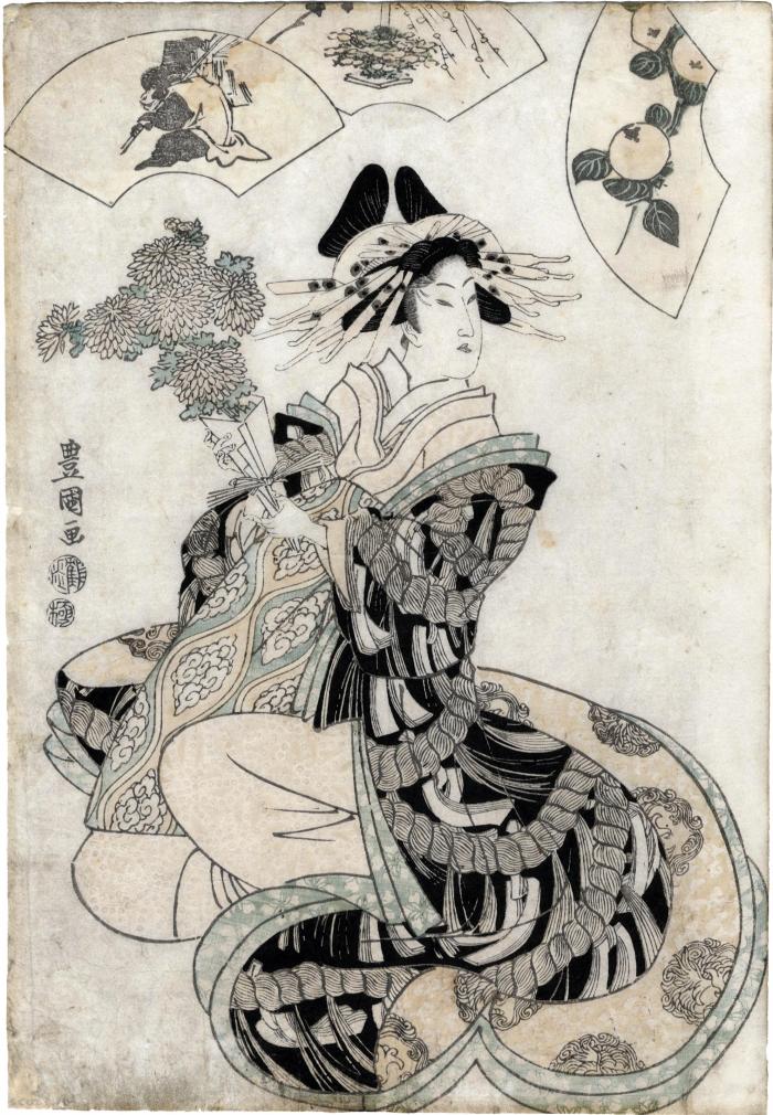 An <i>oiran</i> holding a bouquet of gift-wrapped chrysanthemums - Zodiac sign of the monkey - the 9th month
