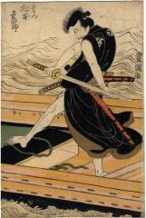 Matsumoto Kōshirō V (松本幸四郎) as Mizuemon (水右衛門) about to strike the geisha Omatsu (芸者お松) with his sword 