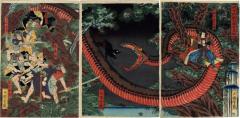 Yorimitsu Tries to Capture Hakamadare by Destroying His Magic (<i>Kijutsu o yabutte Yorimitsu Hakamadare o karamen to su</i> - 破奇術頼光袴垂為搦)