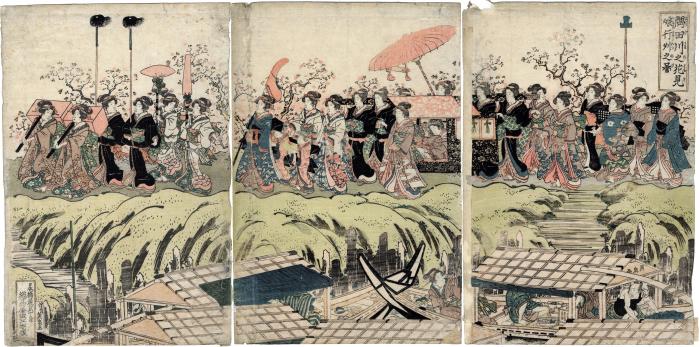 <i>Mitate</i> of a daimyō procession [大名行列] along the bank of the Sumida River (隅田川) for cherry blossom viewing (花見)