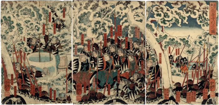The Loyal Retainers withdraw to Sengaku-ji (<i>Gishi meimei Sengaku-ji hikiage no zu</i> - 義士銘々先岳寺引上之図) 