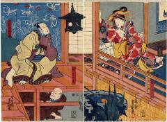 Ichikawa Gangyoku I [市川眼玉] as Ōboshi Yuranosuke (大星由良之助)  and Bandō Shuka I as the courtesan Okaru (...おかる) being spied on by Ōtani Tomoemon IV as Moronao's henchman, Ono Kadayū (斧九太夫) below - Scene VII from the <i>Chūshingura</i>