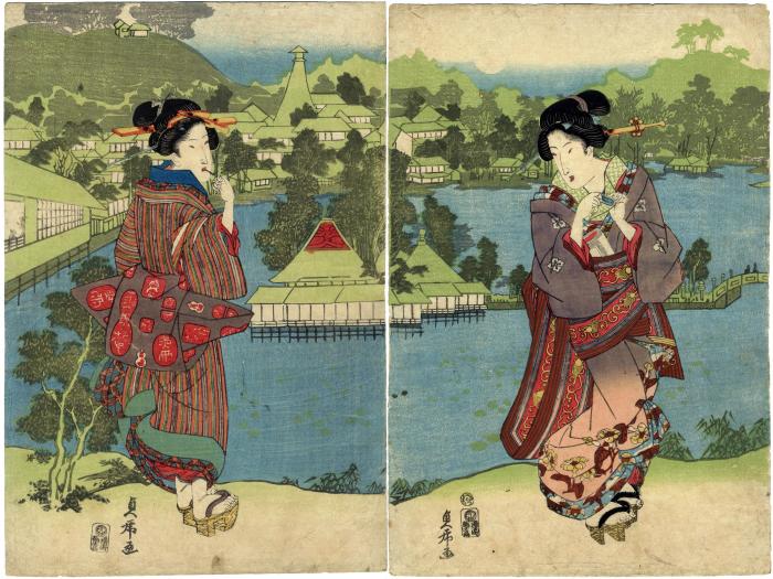 Two bijin on the hillside looking down on the Benten Shrine at Shinobazu Pond, Ueno - the center and left-hand panels of a triptych