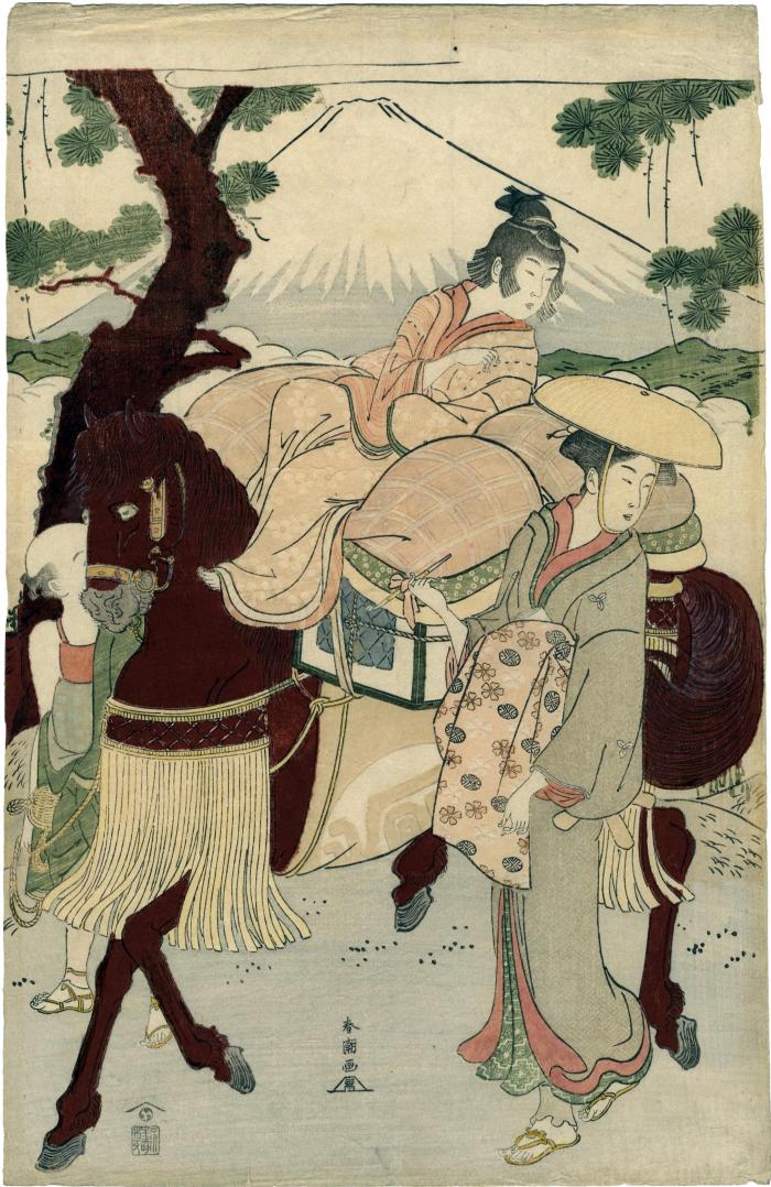 Woman accompanying a child on horseback with a view of Mount Fuji in the distance - probably the central panel of a triptych