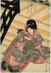 Arashi Koroku IV (あらし小六) as Omiwa [おみわ] at the base of a flight of stairs - the left-hand panel of a diptych from the play <i>Imoseyama Onna Teikin</i>[妹背山婦女庭訓 - <i>Mount Imo and Mount Se:An Exemplary Tale of Womanly</i>]