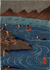Nichirai Shōnin [日来上人] at the Battle of Kawanakajima [川中島合戦の日来上人] - middle panel of a triptych