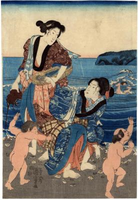 <i>View of Enoshima and Fuji from Shichirigahama</i> (<i>Shichiri gahama yori Enoshima no tokei</i> - 七里ヶ浜より江の島乃遠景) - center panel of a triptych