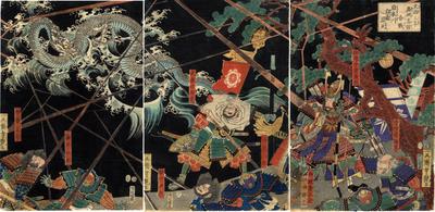 At the Battle of Takadachi in Ōshū Province in 1187, a White Dragon Ascends to Heaven from the Koromo River (<i>Bunji sannen Ōshū Takadachi kassen Koromogawa yori hakuryū ten e noboru</i>
 - 文治三年奥州高館合戦自衣川白竜昇天)