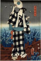 Iwai Kumesaburō III [岩井粂三郎] as Karigane Bunshichi (雁金文七) holding a fan - right-hand panel of a pentaptych