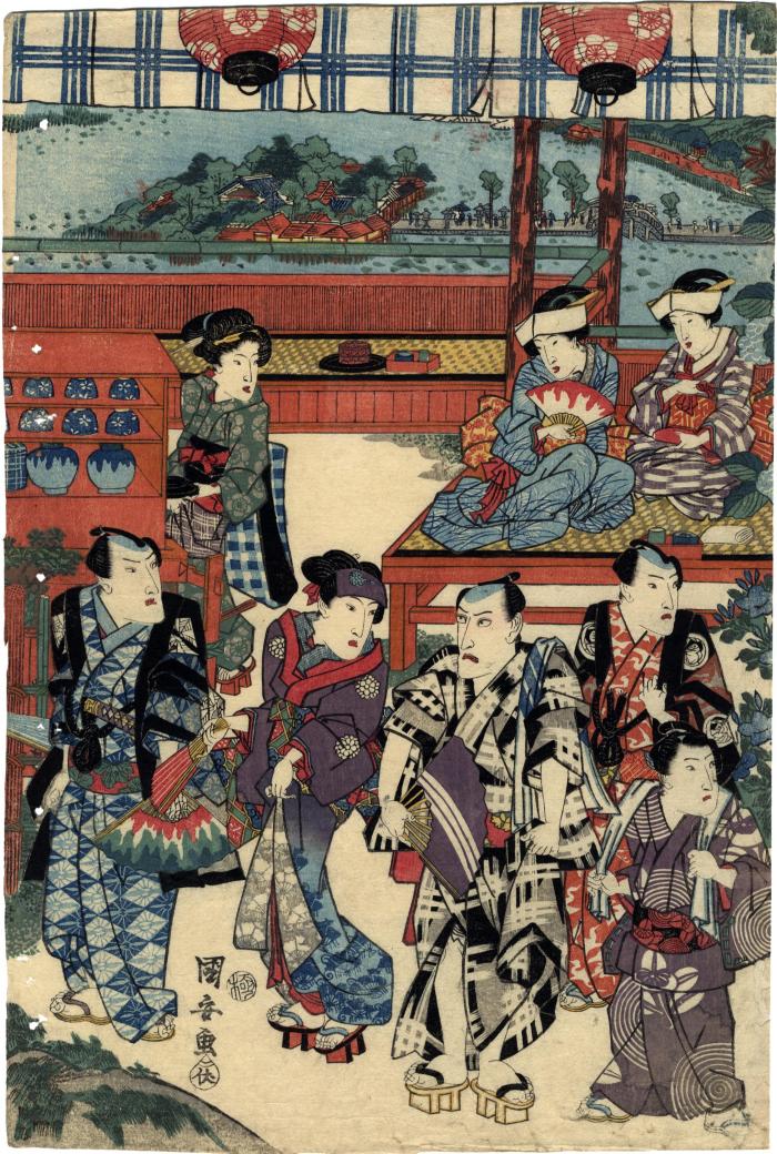 Group of actors in summer attire visiting a tea house overlooking the Benten Shrine at Shinobazu Pond in Ueno 