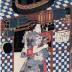 <i>Bijin</i> in a summer robe, standing before an insect merchant's portable booth, visiting a shrine temple during a festival - this is the left panel of a triptych entitled <i>En'nichi no kei</i> (ゑん日乃景) in the <i>toshidama</i> cartouche in the center panel 