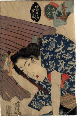 Sudden Shower on the Way Home from the Fuji Festival (<i>Fuji kaeri no yūdachi</i> - 富士帰ノ夕立) from the series <i>Contest of Present-day Beauties</i> (<i>Tōsei bijin awase</i> - 当世美人合) 