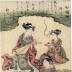 The right-hand panel of a triptych of <i>Women Masquerading as the Seven Gods of Good Fortune</i> (<i>Shichifukujin</i> - 七福神): Daikoku with a mallet and Benzaiten with a <i>biwa</i> and a young attendant