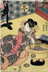 Kamegiku of Manji House (万字屋内亀菊) heating tea over a brazier - from a triptych entitled <i>Winter</i> (Fuyu - 冬) - right-hand panel of a triptych - from the series of 'The Four Seasons' (<i>Shiki no uchi</i> - 四季ノ内)