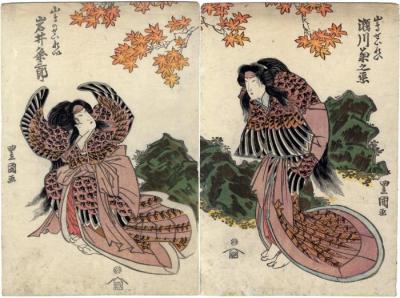 Iwai Kumesaburō II (岩井粂三郎) on the left and Segawa Kikunojō V (瀬川菊之丞) on the right, both portraying <i>Yamadori seirei</i> (山鳥せいれい) or female mandarin ducks in the play <i>Saruwaka's gold-crested battle fan</i> (<i>Saruwaka Hisago no gunbai</i> - 猿若瓢軍配)
