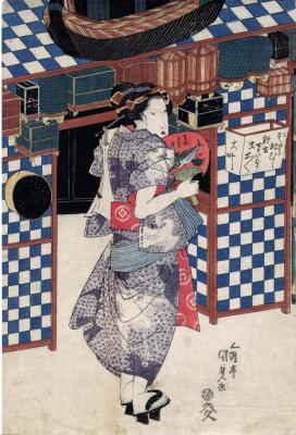 <i>Bijin</i> in a summer robe, standing before an insect merchant's portable booth, visiting a shrine temple during a festival - this is the left panel of a triptych entitled <i>En'nichi no kei</i> (ゑん日乃景) in the <i>toshidama</i> cartouche in the center panel 