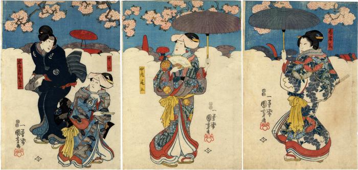 Nakamura Utaemon IV as <i>Tsubone</i> Iwafuji (局岩藤) on the right, Fujikawa Kayū III as <i>chūro</i> Onoe (中老尾上) in the center, and Nakayama Bungorō II as Nakayama (中山) and  Bandō Shūka I as Iwafuji's Maid (<i>meshitsukai</i>) Ochiyo (岩藤召仕おちよ)