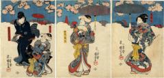 Nakamura Utaemon IV as <i>Tsubone</i> Iwafuji (局岩藤) on the right, Fujikawa Kayū III as <i>chūro</i> Onoe (中老尾上) in the center, and Nakayama Bungorō II as Nakayama (中山) and  Bandō Shūka I as Iwafuji's Maid (<i>meshitsukai</i>) Ochiyo (岩藤召仕おちよ)
