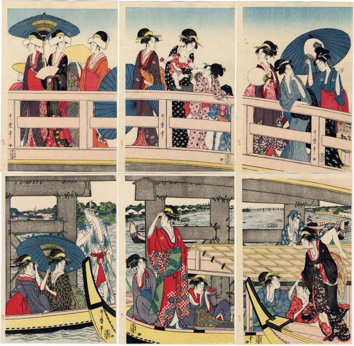 Bijin on the Ryōgoku Bridge, and on a Pleasure Craft on the River