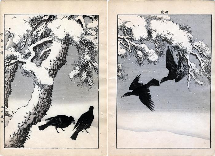 Black pine under snow, large-billed crows - from <i>Keinen kachō gafu</i> ('Album of Bird-and-Flower Pictures by Keinan' - 景年花鳥画譜)