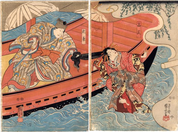 Sawamura Sōjūrō V [五代目沢村宗十郎] as Yorikane (頼兼) slaying his lover, the courtesan Takao (高尾), played by Bandō Shūka I [初代坂東しうか] - the center and left panels of a triptych