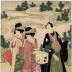 Sawamura Gennosuke I [初代沢村源之助] with two <i>bijin</i> gathering pine branches or a New Year's celebration from the series 十二組の内 (<i>Jūni kumi no uchi</i>) - center panel of a triptych