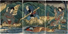 Onbō canal scene from the <i>Tōkaidō Yotsuya Kaidan</i> with Ichikawa Ebizō V (市川海老蔵) on the left as Kamiya Iemon (神谷伊右衛門), Matsumoto Kōshirō V (松本幸四郎) as Naosuke (直助), Iemon's assistant, Onoe Kikugorō III (尾上菊五郎) as Oiwa floating in the river, and Onoe Eizaburō III (尾上栄三郎) on the right as Oyumi (お弓)