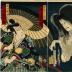 Onoe Kikugorō III (尾上菊五郎) as the Ghost of Okiku (おきくノ霊) and Ichikawa Danjūrō IX (市川団十郎) as Asayama Tetsuzan (浅山鉄山) in <i>Banchō Sarayasaiki</i> [番町皿屋敷] 