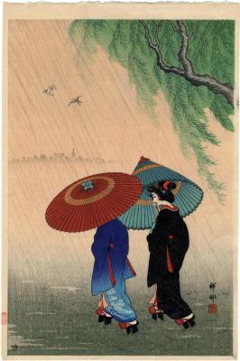 Two girls with umbrellas caught in a sudden shower near a willow tree