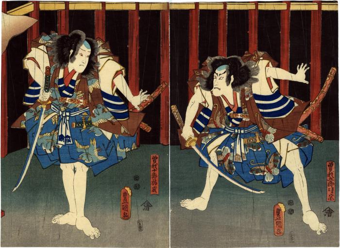 Ichikawa Danjūrō VIII (八代目市川団十郎) as Soga Goro Takimune (曽我五郎時宗) on the right and Ichimura Takenojō V as Soga Juro Sukenari (曽我十郎祐成) on the left - the center and right panels of a triptych