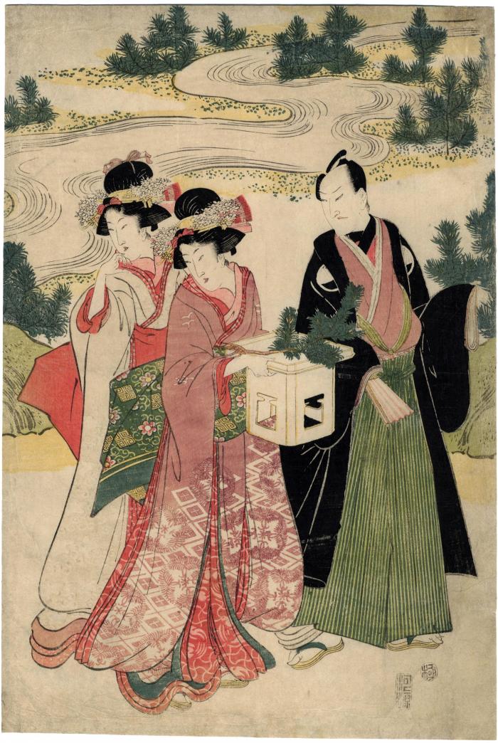 Sawamura Gennosuke I [初代沢村源之助] with two <i>bijin</i> gathering pine branches or a New Year's celebration from the series 十二組の内 (<i>Jūni kumi no uchi</i>) - center panel of a triptych