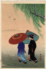 Two girls with umbrellas caught in a sudden shower near a willow tree