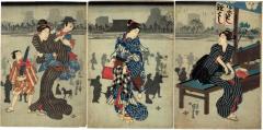 Triptych of three <i>bijin</i> and children gathering outdoors at dusk in the summertime