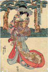 Segawa Kikunojō V (瀬川菊之丞) as an <i>onnagata</i> probably playing Shizuka Gozen with a hand drum covered with the skins of Fox Tadanobu's parents 

