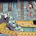 Iwai Shijaku I (岩井紫若) as the courtesan Minoya Sankatsu (みの屋三勝), jumping into a boat from a bridge to join her lover Arashi Rikan II (嵐璃寛) as Akaneya Hanshichi (赤根屋半七) in the play <i>Daigashira Midori no Iromaku</i> [台頭緑色幕]