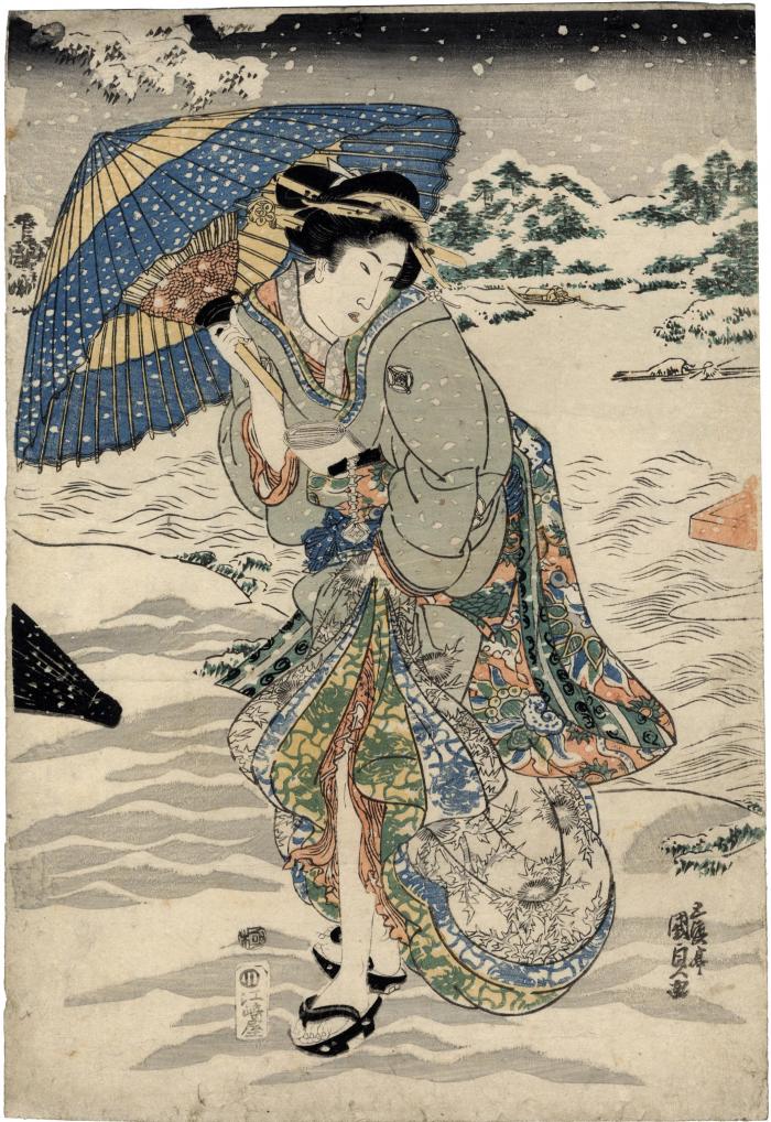 Courtesan with umbrella in snow - middle panel of a <i>mitate</i> triptych - title: <i>Gentoku fūsetsu ni Kōmei o tazureru</i> - 玄徳風雪訪孔明を訪れる　見立 - a parody of Gentoku visiting Kōmei in the snow  