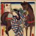 Mu (む): Ogino Senjo I (荻野扇女) as Ohatsu of Hinuka [?] (ひぬかのおはつ) with a horse, from the series <i>Actors Matched with Proverbs for the Kana Syllabary</i> (<i>Mitate Iroha Tatoe</i> - 見立いろはたとへ)
