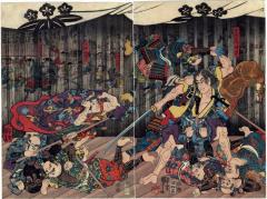 <i>The Soga brothers revenge their father</i> (<i>Soga kyōdai chichi no ada-uchi no zu</i> -曽我兄弟父の仇討図) - the center and left panels of a triptych