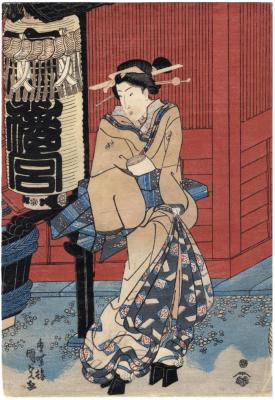 Center panel of <i>A Meeting at Yagurashita</i> (櫓下の会合) from the series <i>A Comparison of Popular Beauties</i> (<i>Ryūkō Bijin Awase</i> - 流行美人合)