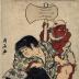 Kintarō reading an <i>ehon</i> on the back of a bear accompanied by an <i>oni</i> holding an ax