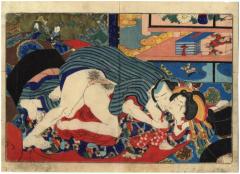 Couple in front of a screen having sex - from the <i>Iro shiki shi</i> (色四季志)